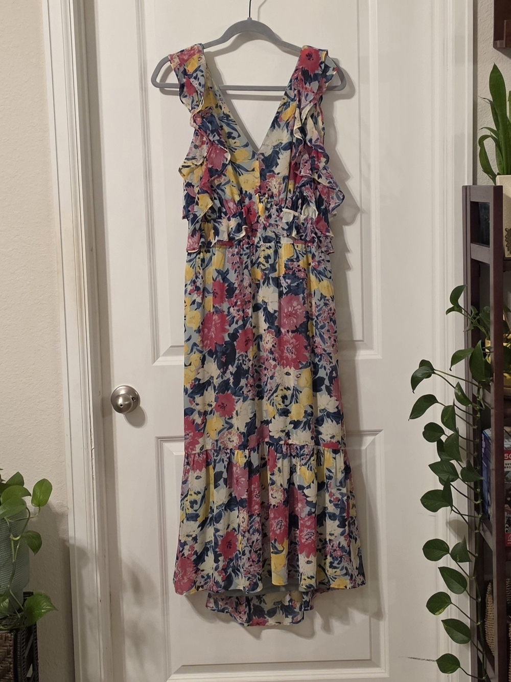 Floral Ruffle V-Neck Maxi Dress - Pink & Yellow